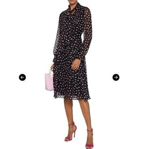 DVF Aleka Silk Chiffon Tie Neck Flocked Long Sleeve Midi Dress NWOT Black Pink 4
